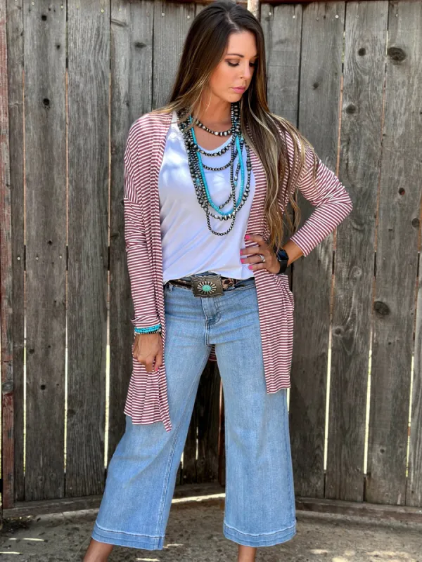 Mauve Striped Mid-Length Cardigan sold by The Dogwood Boutique
