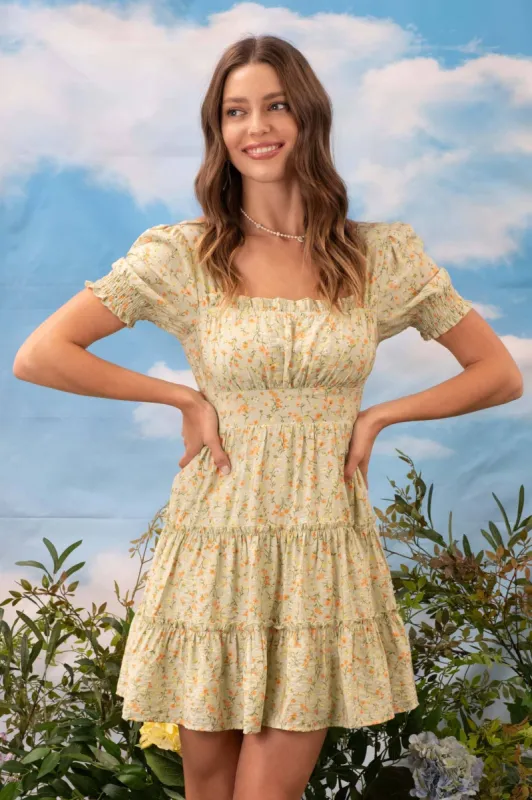 Floral Square Neck Puff Sleeve Tiered Midi Dress sold by The Dogwood Boutique