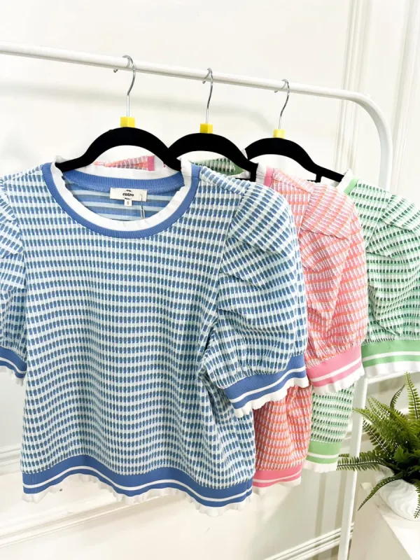 Striped texture short puff sleeve top sold by The Dogwood Boutique