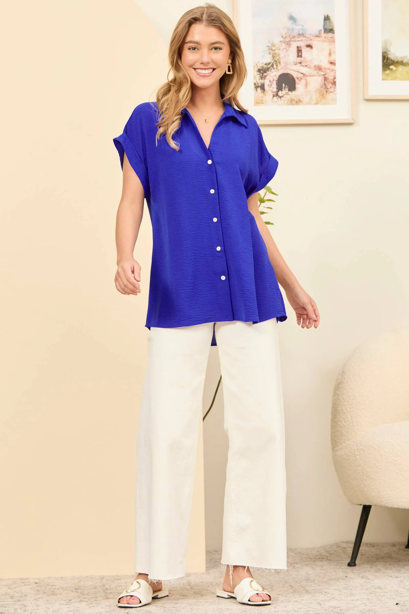 Royal Blue Pleated Button Woven Top sold by The Dogwood Boutique product image thumbnail 2
