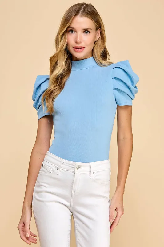 Sky Blue Short Puff Sleeve Bodysuit sold by The Dogwood Boutique