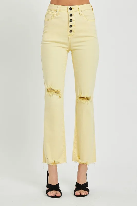 RISEN Pale Yellow HIGH RISE BUTTON DOWN ANKLE STRAIGHT PANTS sold by The Dogwood Boutique