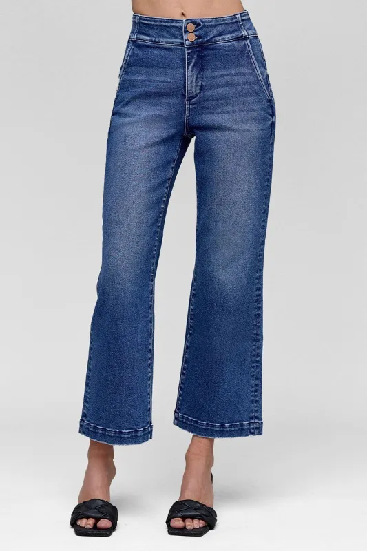 RISEN Tummy Control High Rise Crop Wide Waist Band Jeans sold by The Dogwood Boutique