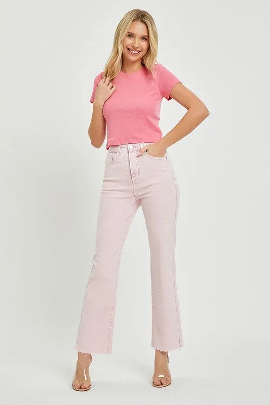 RISEN Acid Pink High Rise Raw Hem Slit Straight Pants sold by The Dogwood Boutique