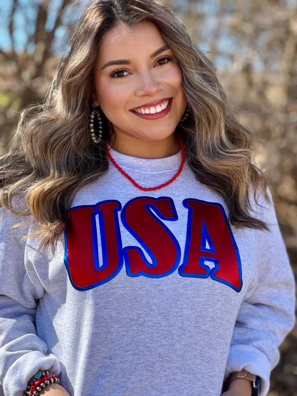 USA in Metallic Puff Sweatshirt sold by The Dogwood Boutique