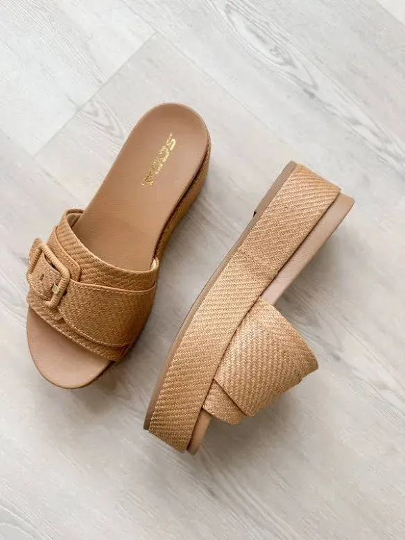 Camel Raffia Buckle Strap Platform Sandals sold by The Dogwood Boutique
