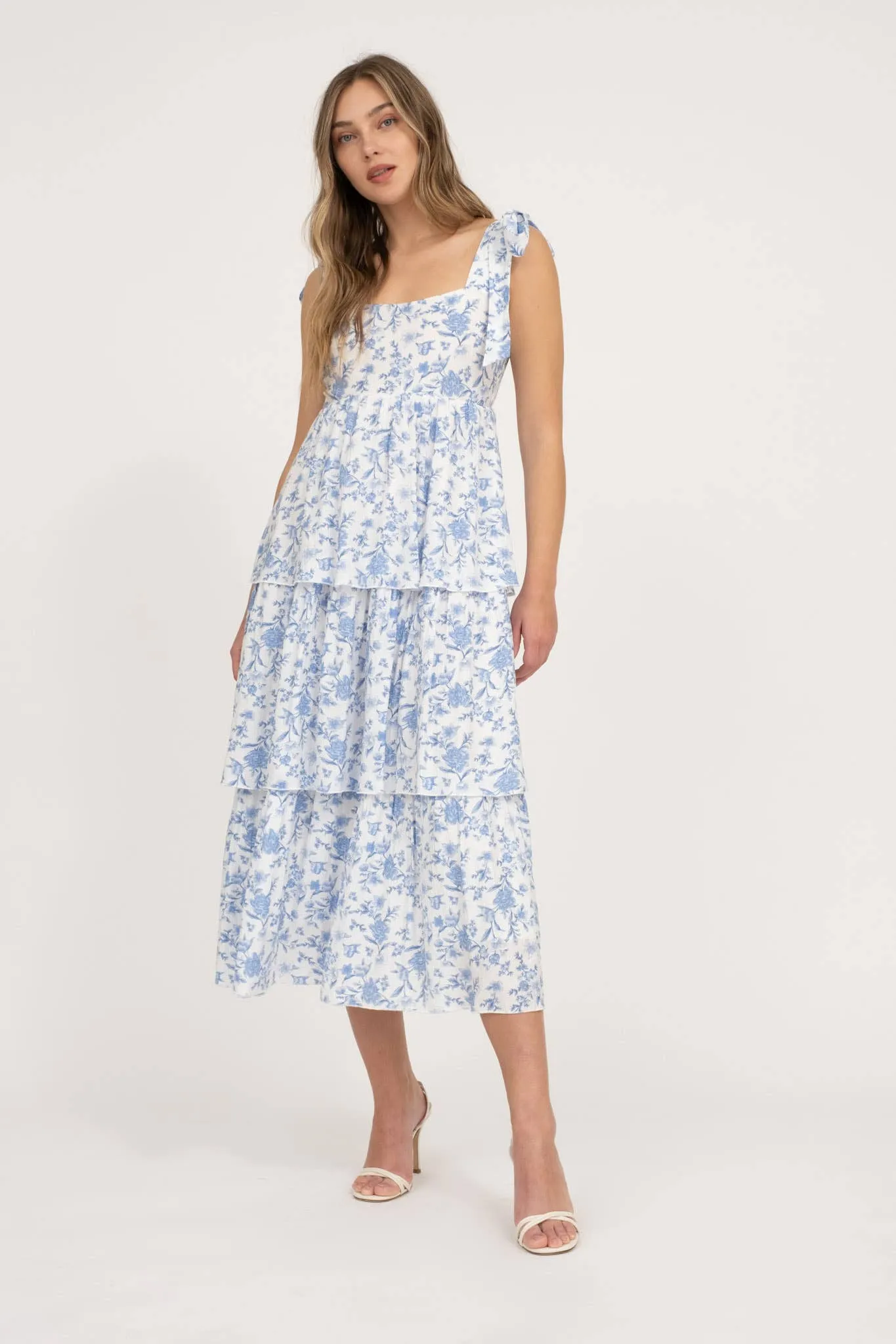 Blue FLORAL TIE STRAP RUFFLE TIERED MIDI DRESS sold by The Dogwood Boutique product image thumbnail 2