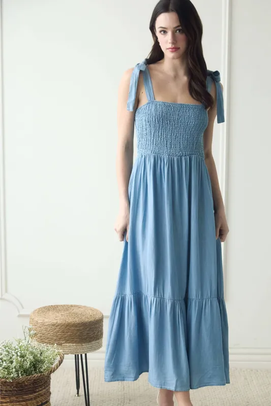 Chambray Smocked Tie Strap Maxi Dress sold by The Dogwood Boutique