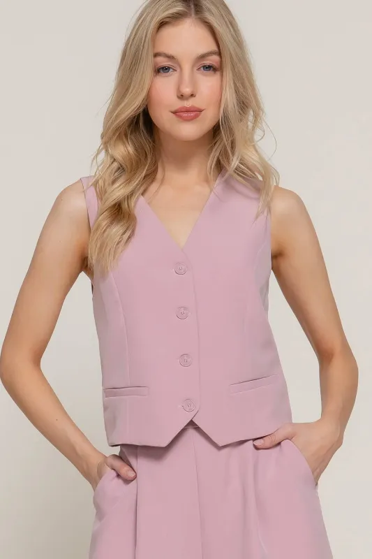 Pale Pink V-Neckline with Front Button Closure Vest sold by The Dogwood Boutique