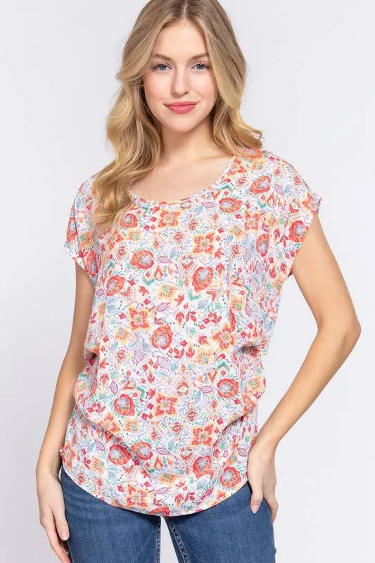 Short Dolman Sleeve Round Neck Side Pleat Detail Blouse sold by The Dogwood Boutique