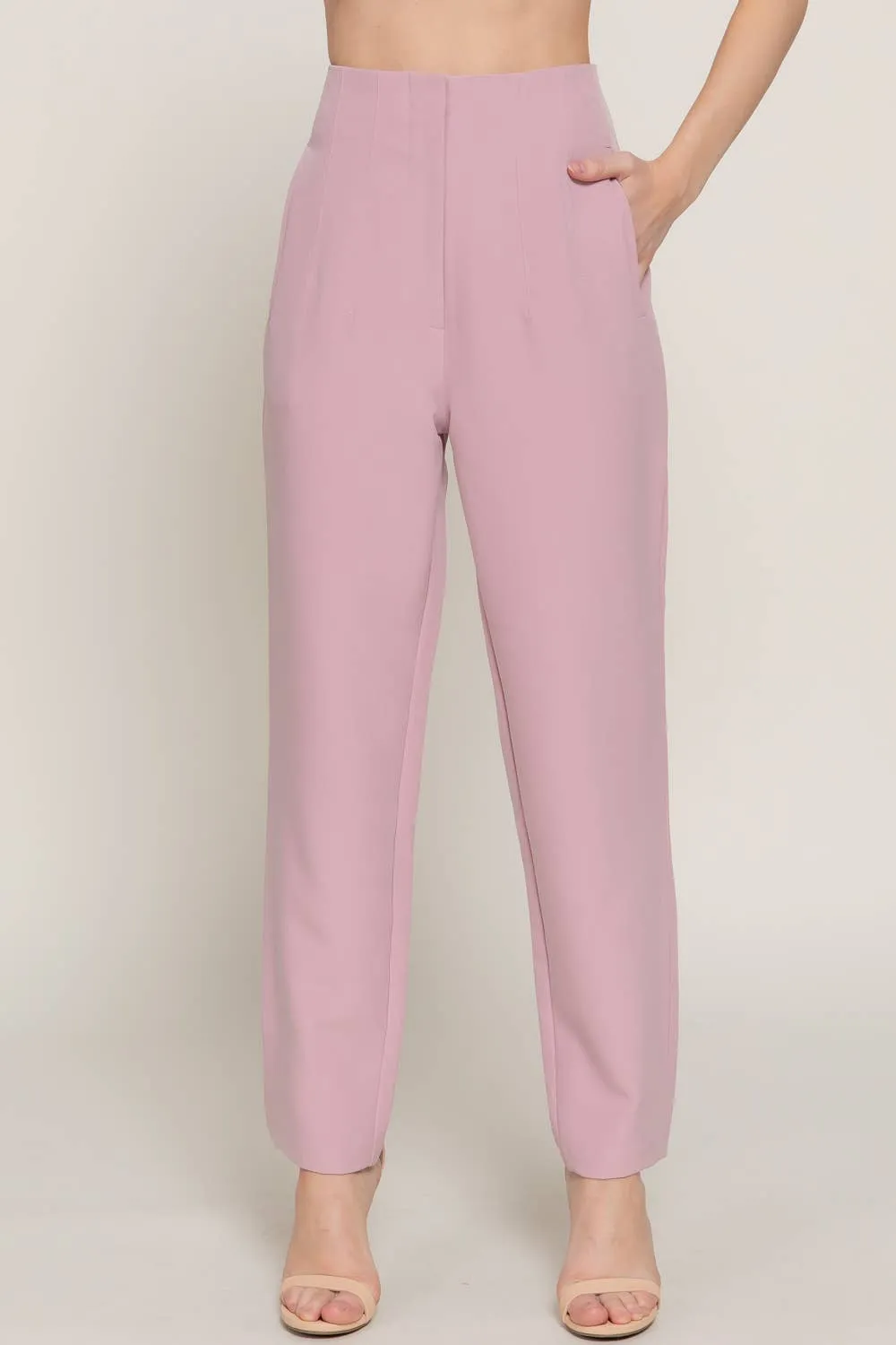 Pale Pink High Waist Pintuck Detail Pants sold by The Dogwood Boutique