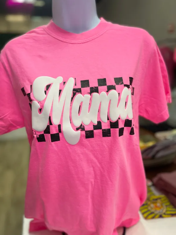 Mama Checkered Puff Tee sold by The Dogwood Boutique