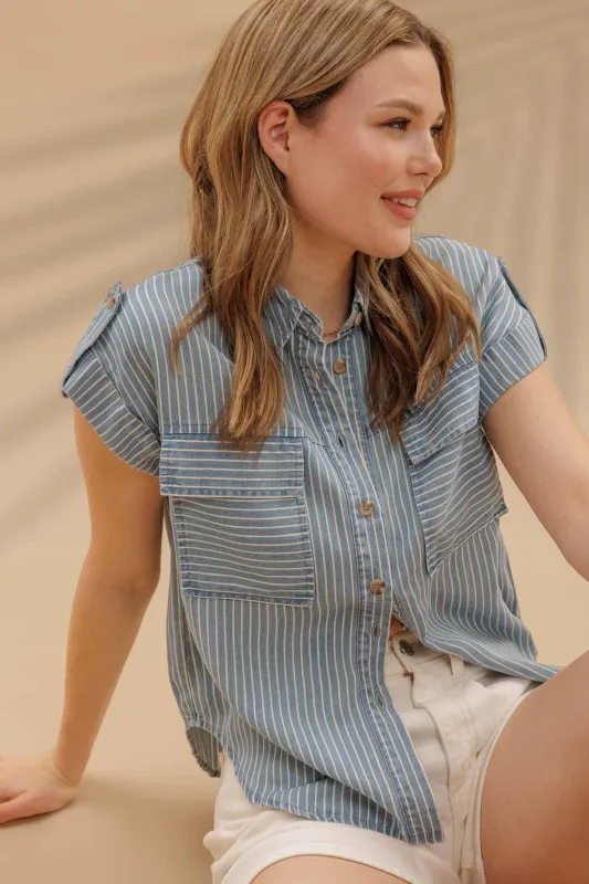 Stripe Button Down Tab Chambray Shirt sold by The Dogwood Boutique