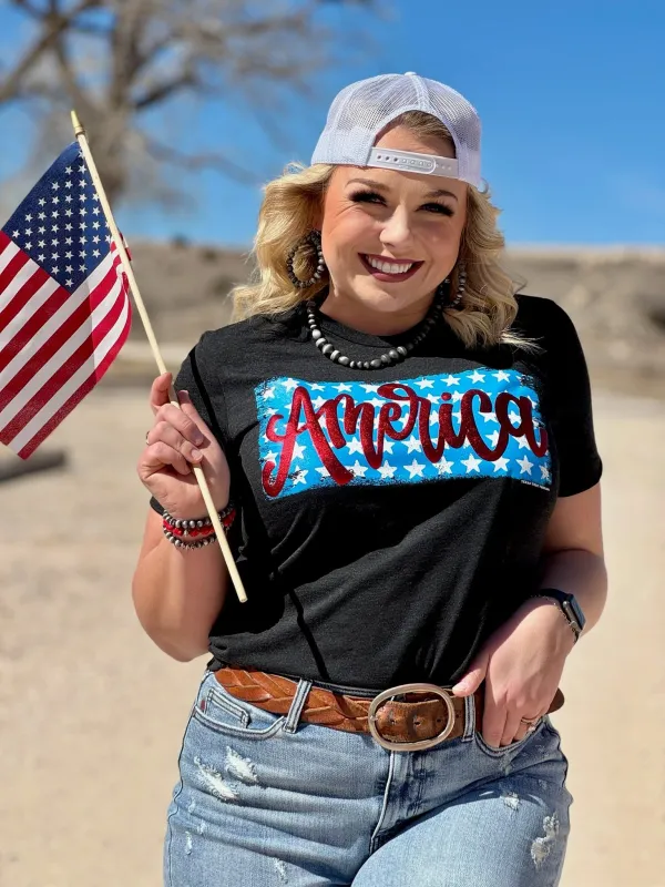 America on Stars in Red Metallic Puff Tee sold by The Dogwood Boutique