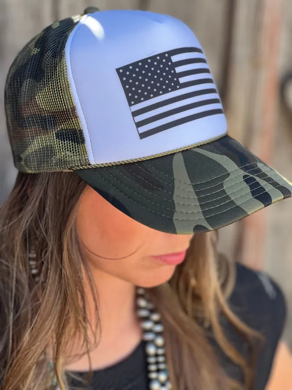 USA Flag on Camo Foam Trucker Cap sold by The Dogwood Boutique