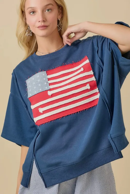 Boxy Short Sleeve Top with American Flag Patchwork sold by The Dogwood Boutique