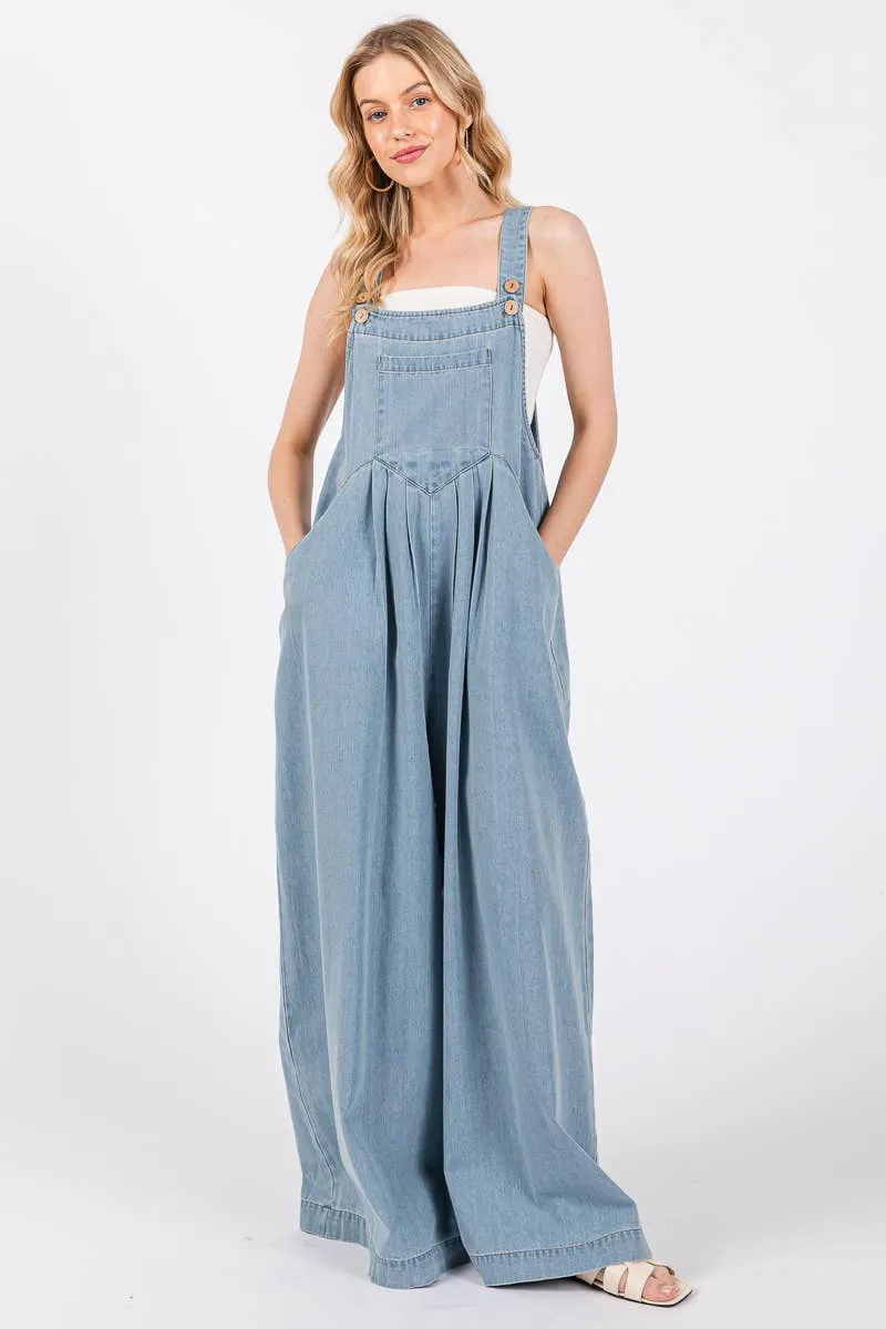 Wide Leg Washed Denim Overalls Jumpsuit sold by The Dogwood Boutique