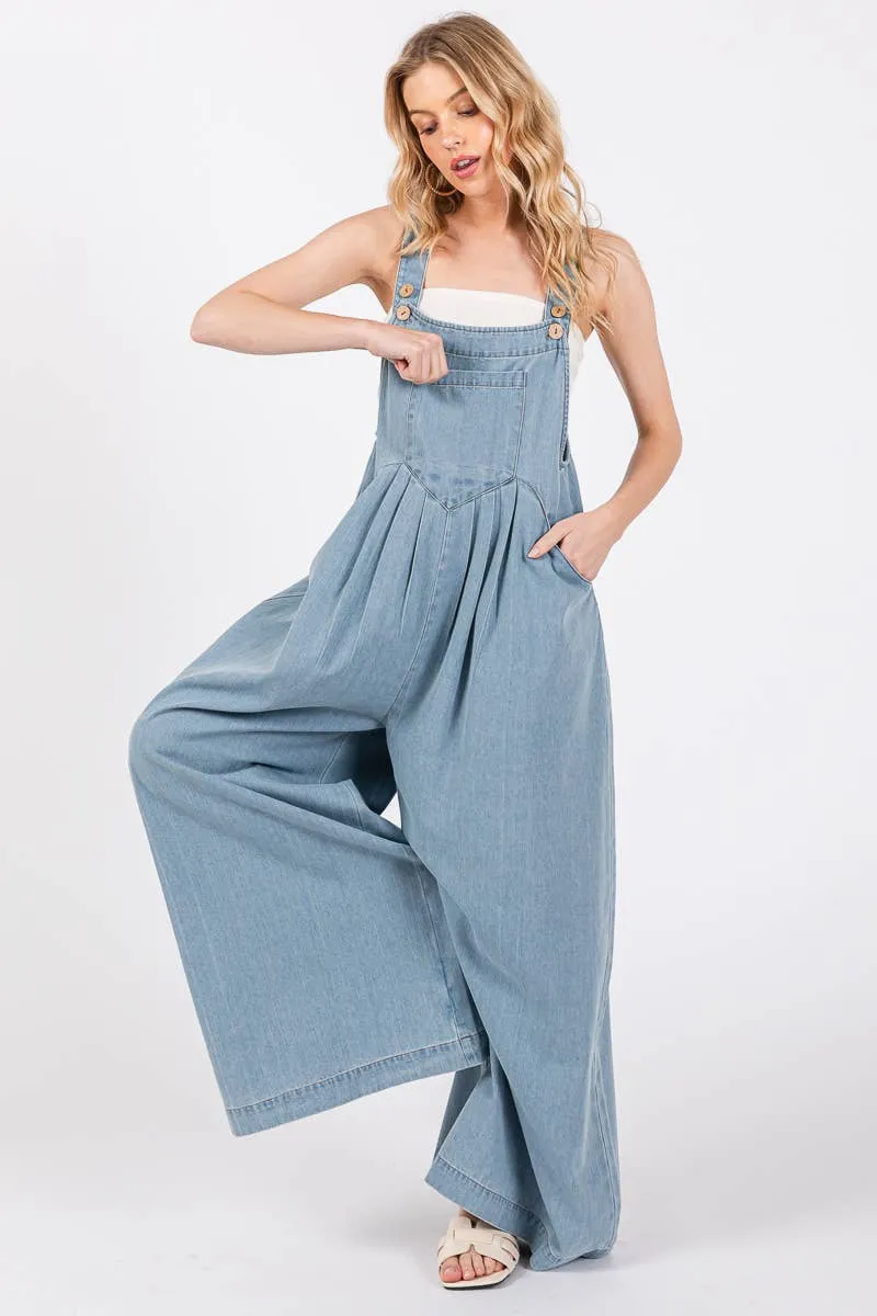 Wide Leg Washed Denim Overalls Jumpsuit sold by The Dogwood Boutique product image thumbnail 4