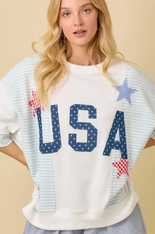 USA Patchwork Oversized Knit Top sold by The Dogwood Boutique