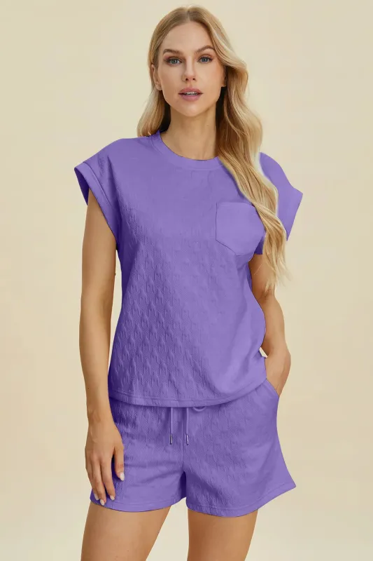 Double Take Full Size Pocketed Texture Round Neck Top and Shorts Set sold by The Dogwood Boutique