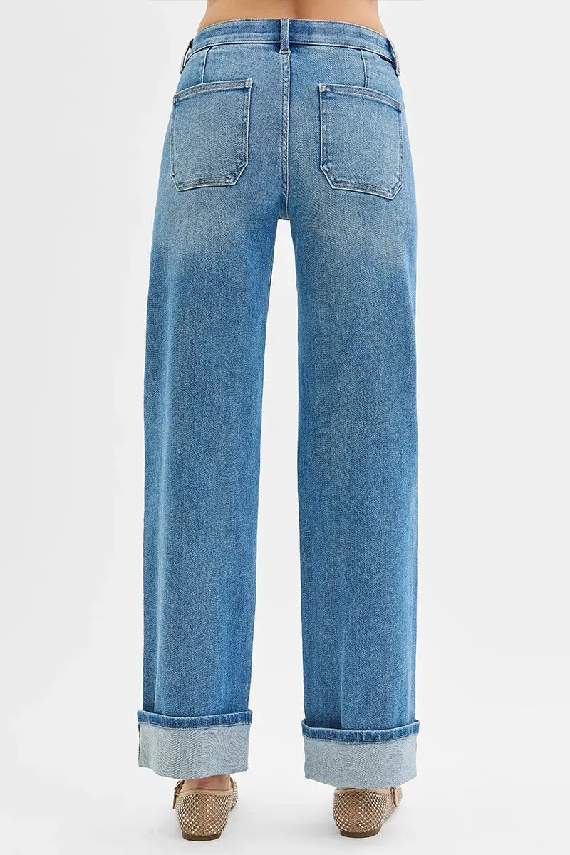 RISEN Full Size Elastic Band Mid Rise Wide Front Patch Pocket Cuff Jeans Plus Size sold by The Dogwood Boutique product image thumbnail 5