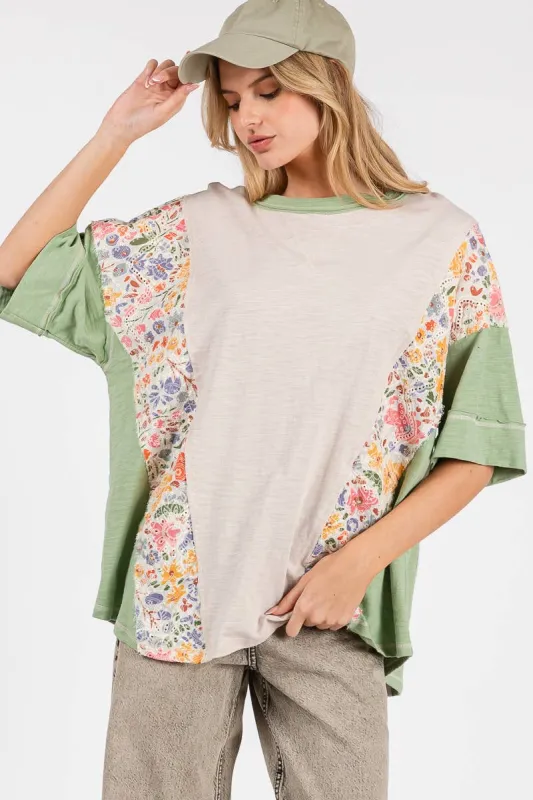 Washed Floral Patchwork Oversized Contrast Top sold by The Dogwood Boutique