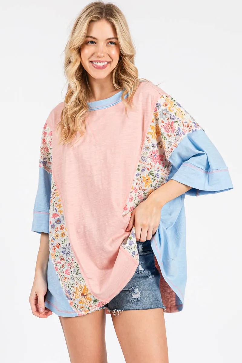 Washed Floral Patchwork Oversized Contrast Top sold by The Dogwood Boutique product image thumbnail 2