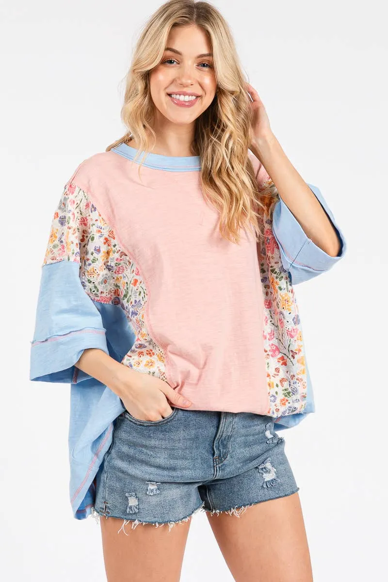 Washed Floral Patchwork Oversized Contrast Top sold by The Dogwood Boutique product image thumbnail 5