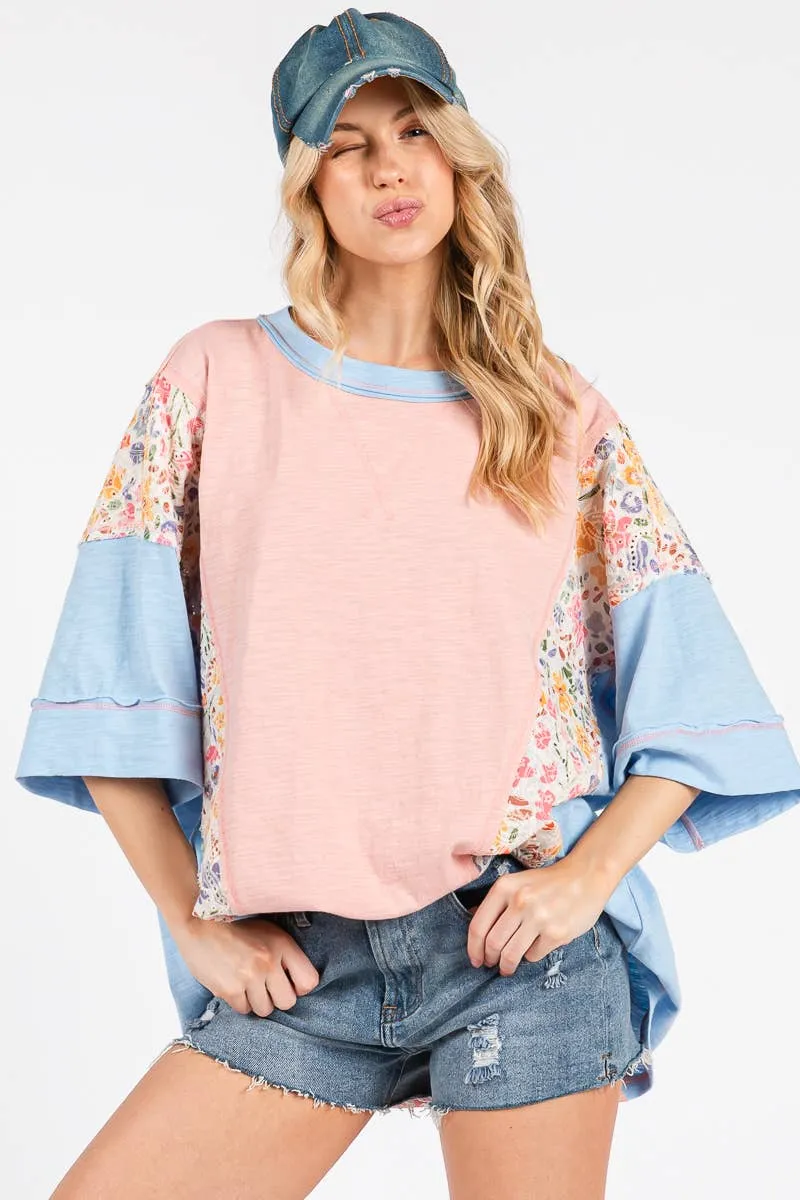 Washed Floral Patchwork Oversized Contrast Top sold by The Dogwood Boutique product image thumbnail 3