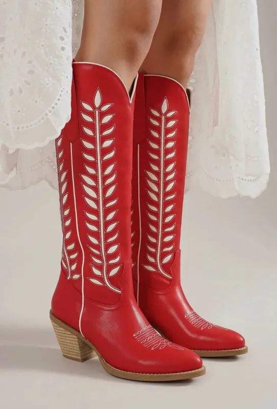 Red Knee High Western Boots sold by The Dogwood Boutique