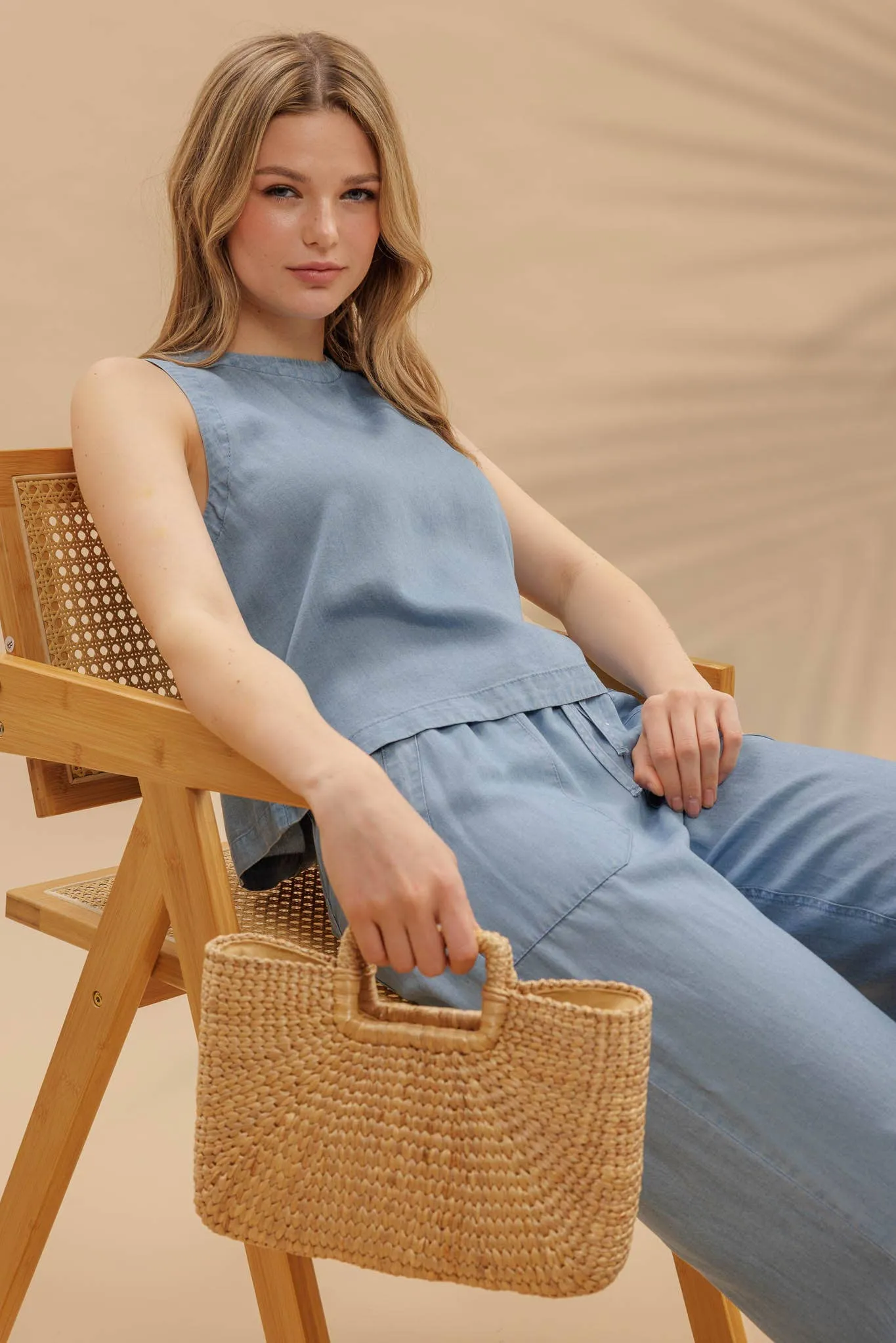 Round Neck Back Button Sleeveless Chambray Top & Wide Leg Pants Set sold by The Dogwood Boutique