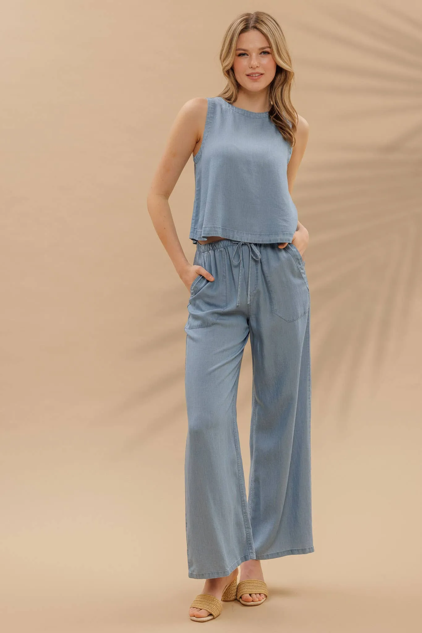 Round Neck Back Button Sleeveless Chambray Top & Wide Leg Pants Set sold by The Dogwood Boutique product image thumbnail 4