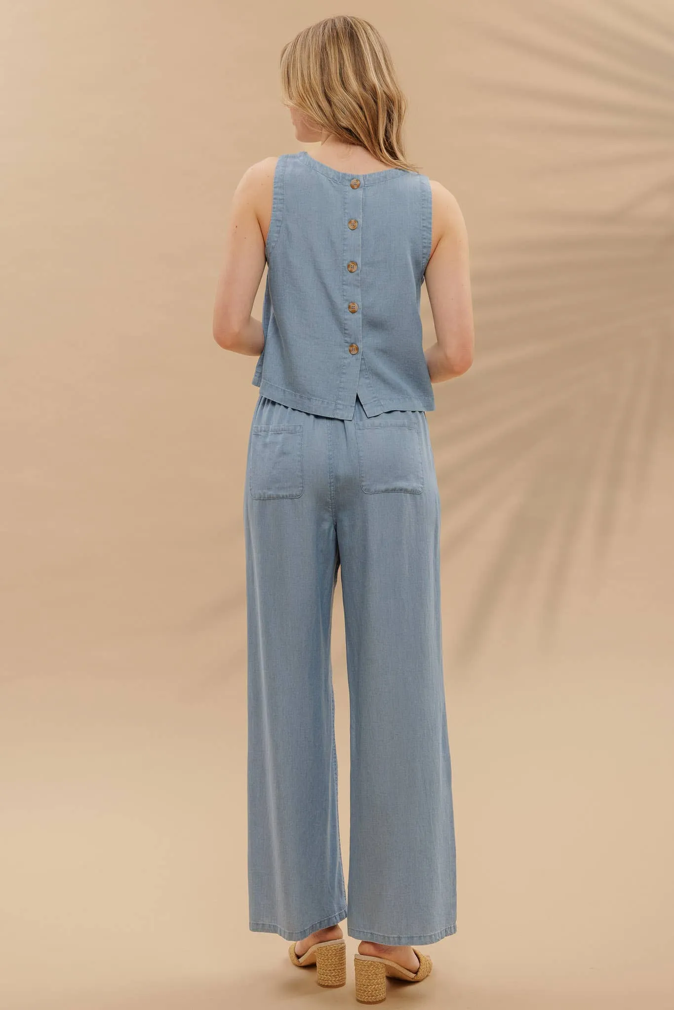 Round Neck Back Button Sleeveless Chambray Top & Wide Leg Pants Set sold by The Dogwood Boutique product image thumbnail 5