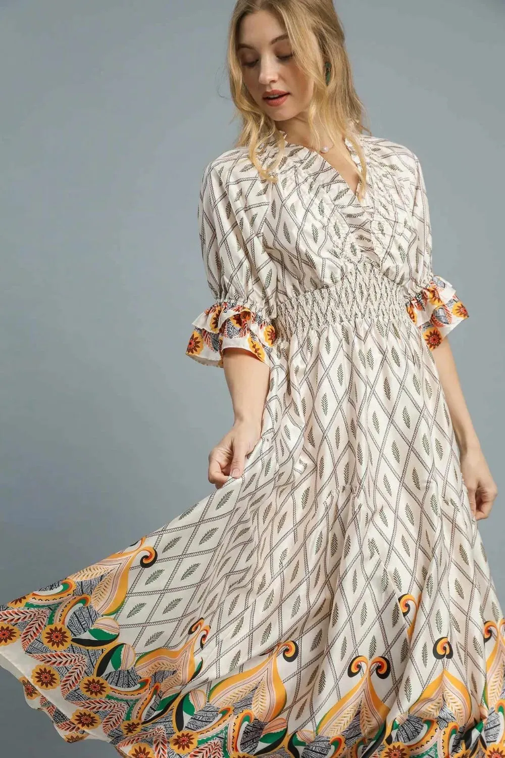 Umgee Printed Smocked Waist Flounce Sleeve Midi Dress sold by The Dogwood Boutique product image thumbnail 2