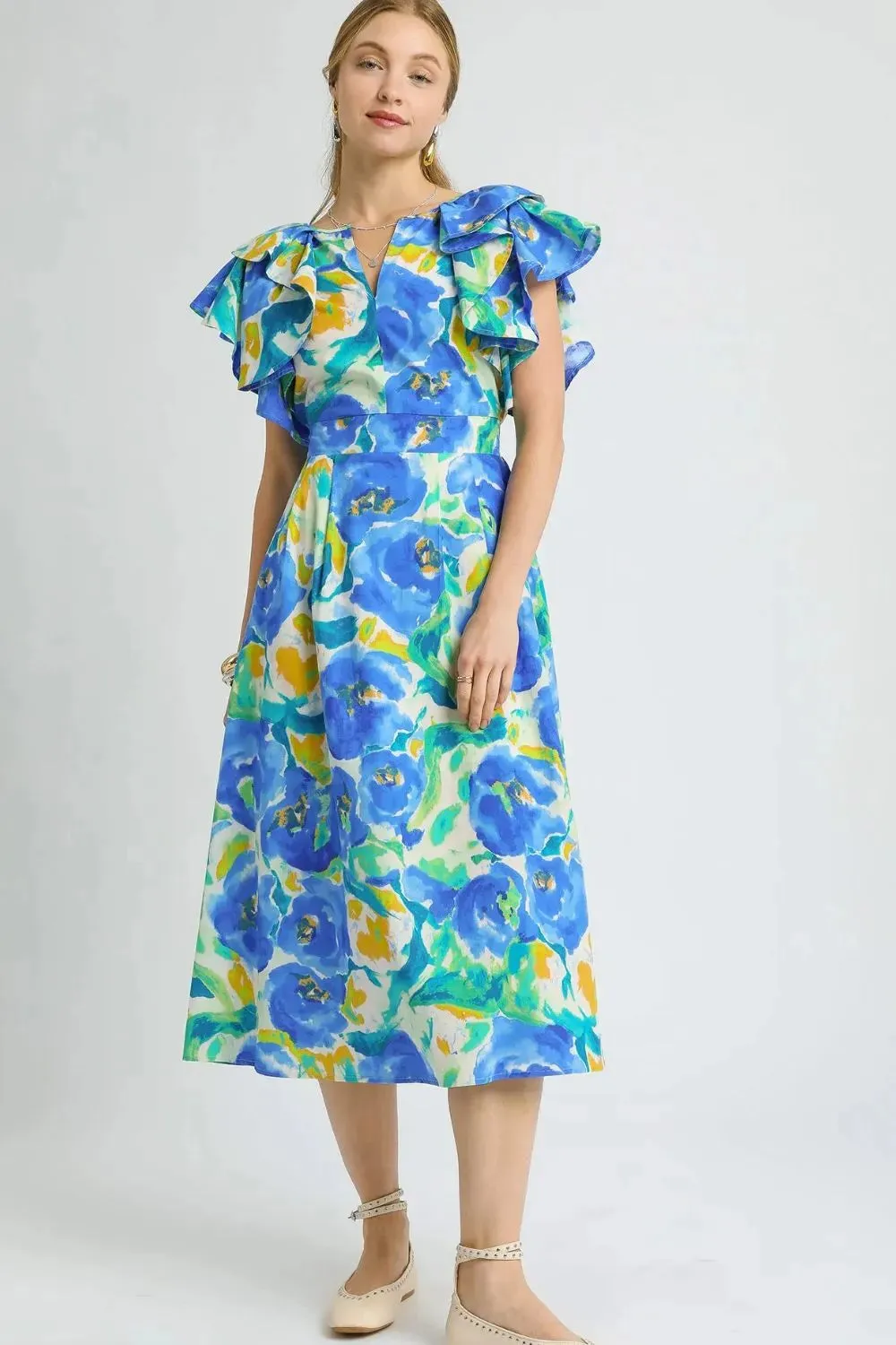 Umgee Floral Ruffled Cap Sleeve Midi Dress sold by The Dogwood Boutique