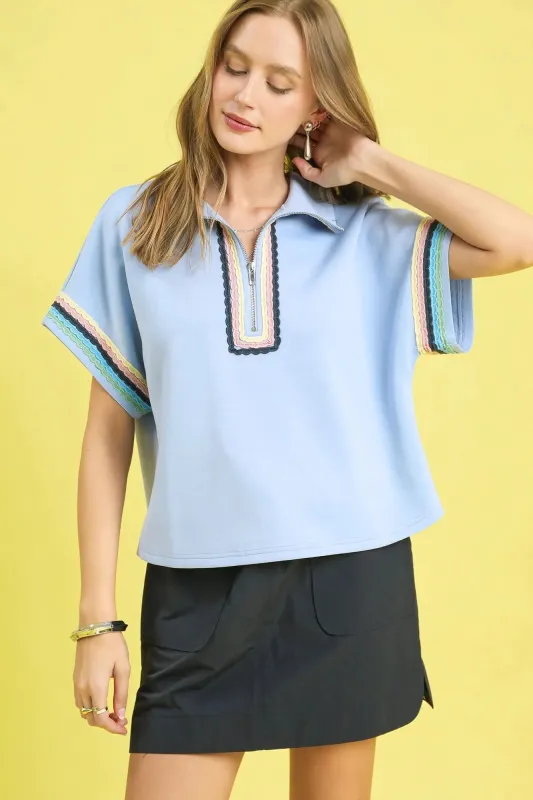 Umgee Contrast Trim Half Zip Collared Blouse sold by The Dogwood Boutique