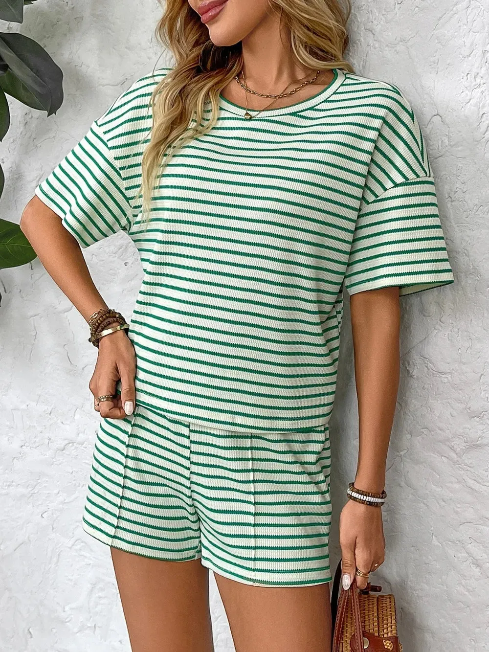 Striped Round Neck Short Sleeve Top and Shorts Set sold by The Dogwood Boutique product image thumbnail 2