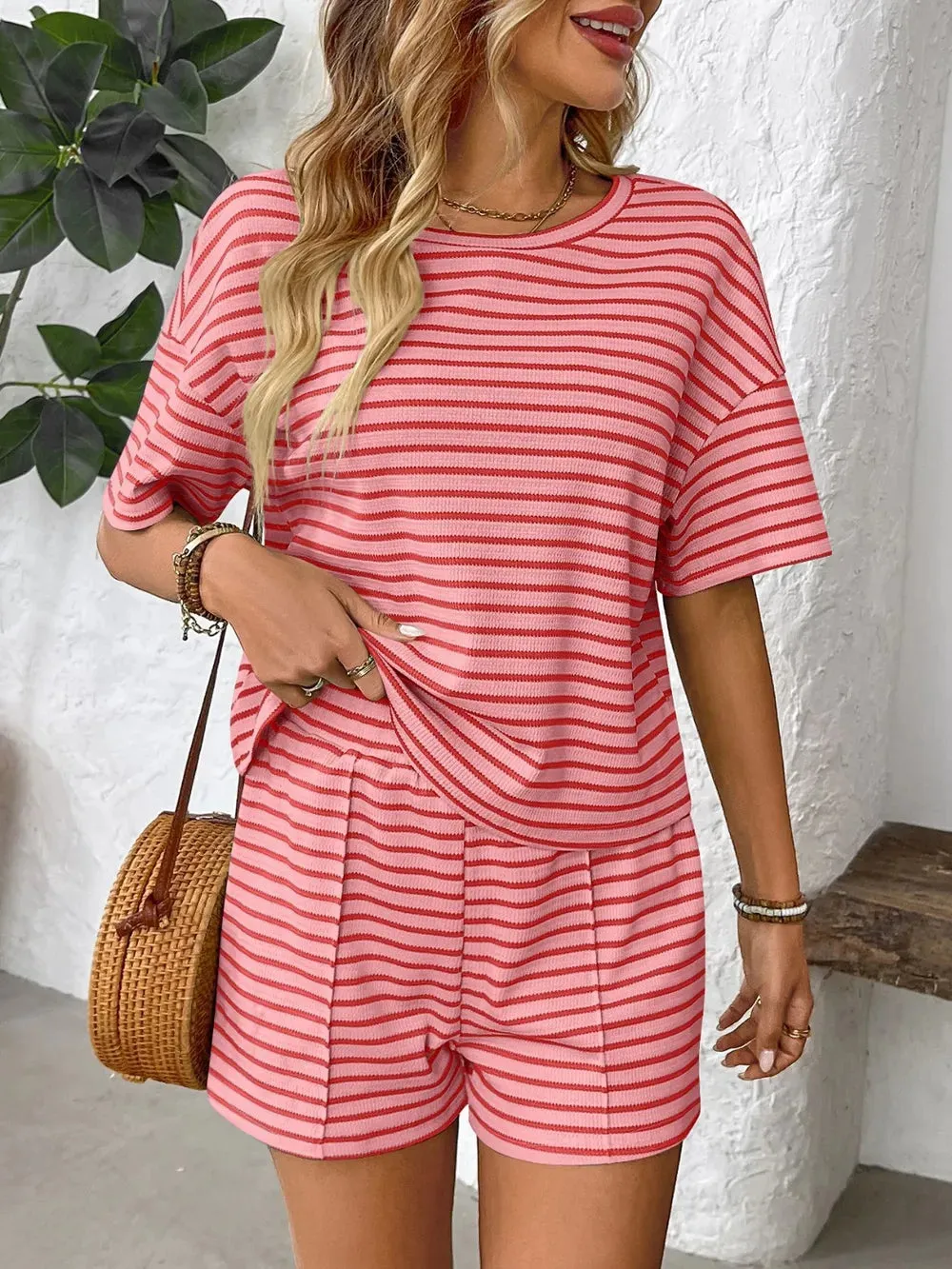 Striped Round Neck Short Sleeve Top and Shorts Set sold by The Dogwood Boutique product image thumbnail 5