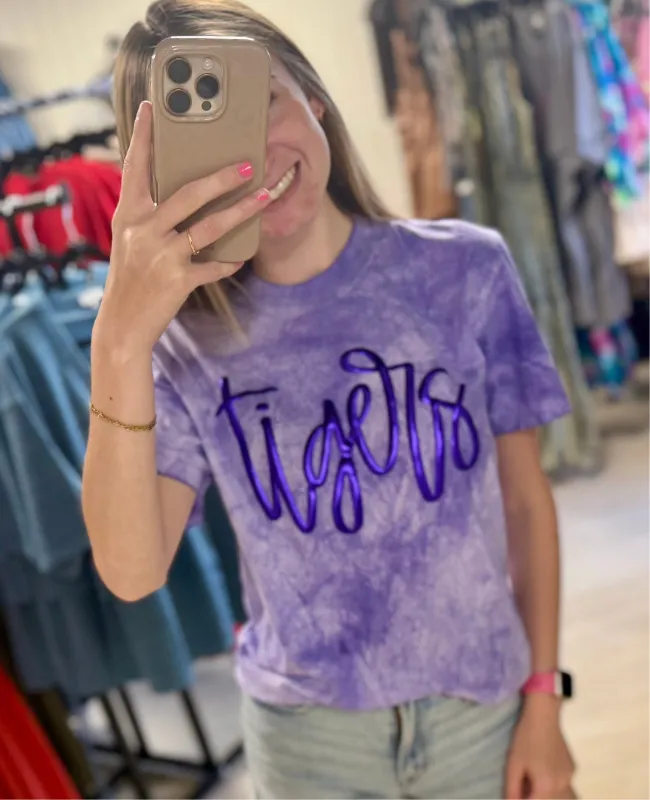 Tigers Metallic Puff Purple Tee sold by The Dogwood Boutique