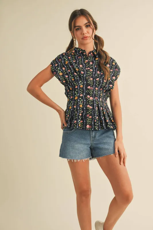 Black Button Down Pleated Waist Peplum Top sold by The Dogwood Boutique