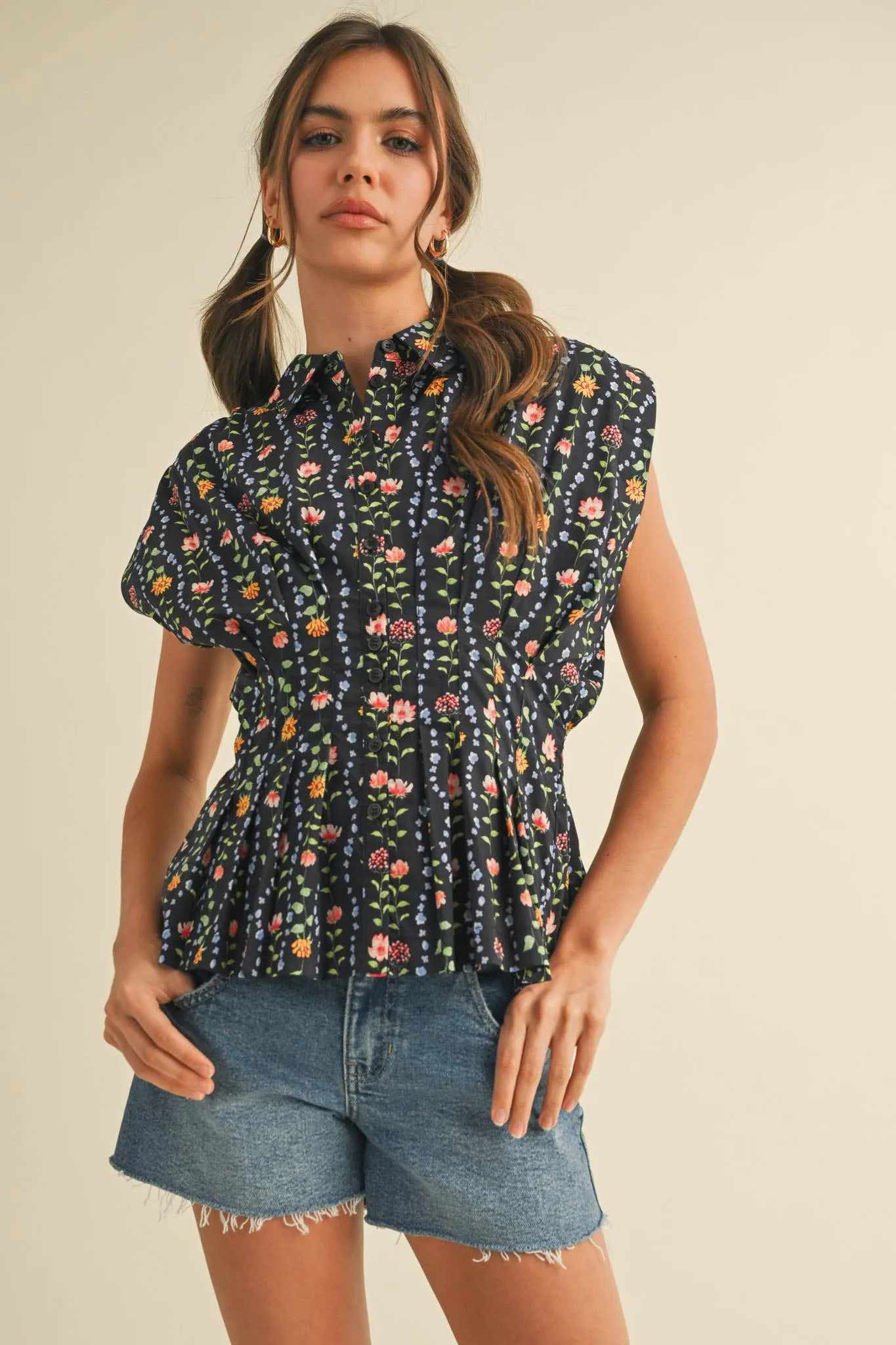 Black Button Down Pleated Waist Peplum Top sold by The Dogwood Boutique product image thumbnail 3