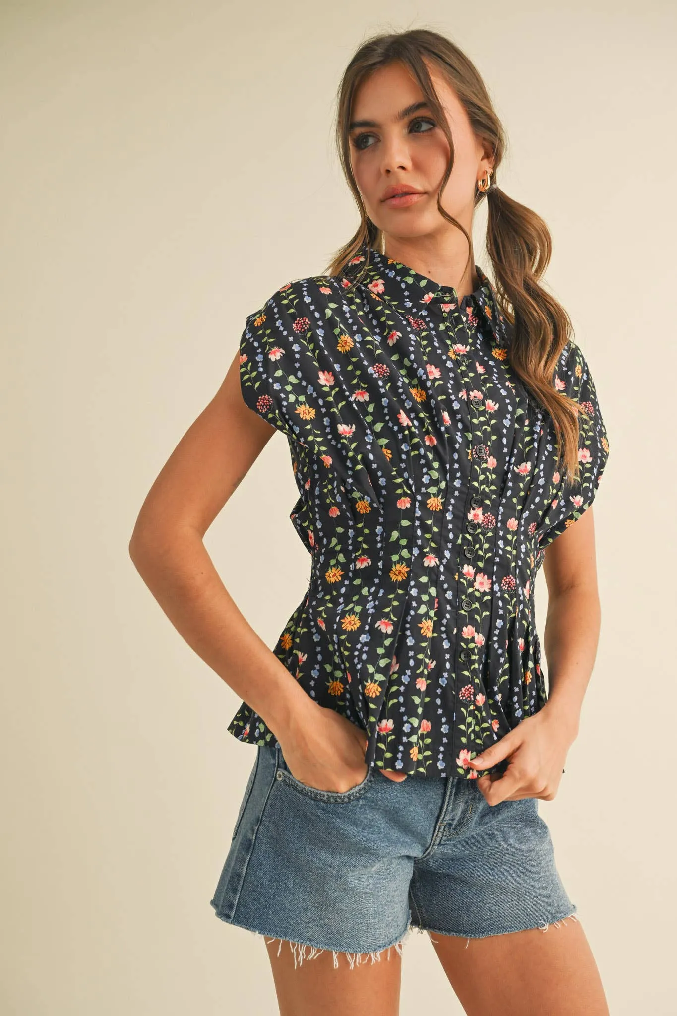 Black Button Down Pleated Waist Peplum Top sold by The Dogwood Boutique product image thumbnail 2