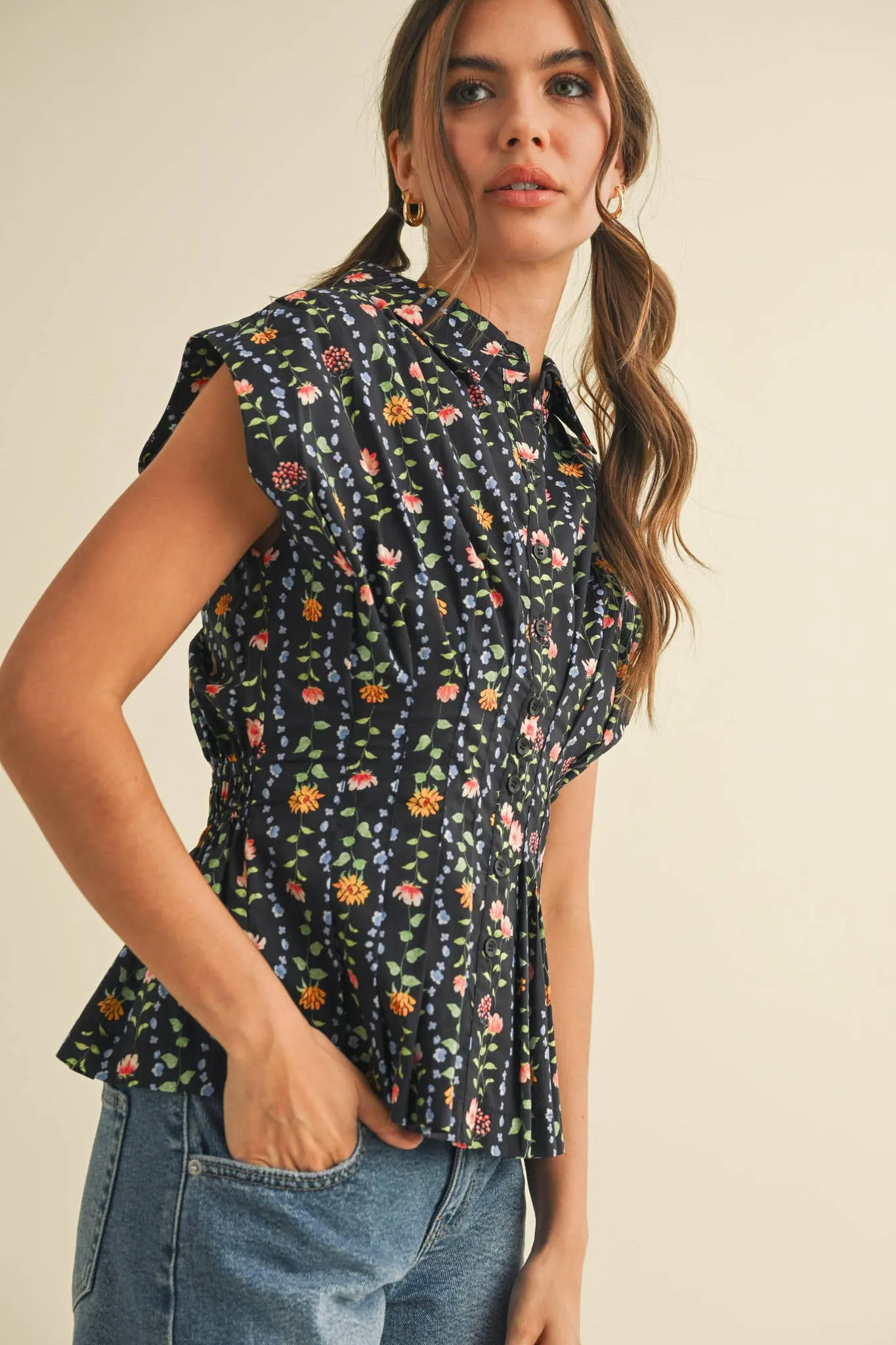 Black Button Down Pleated Waist Peplum Top sold by The Dogwood Boutique product image thumbnail 5