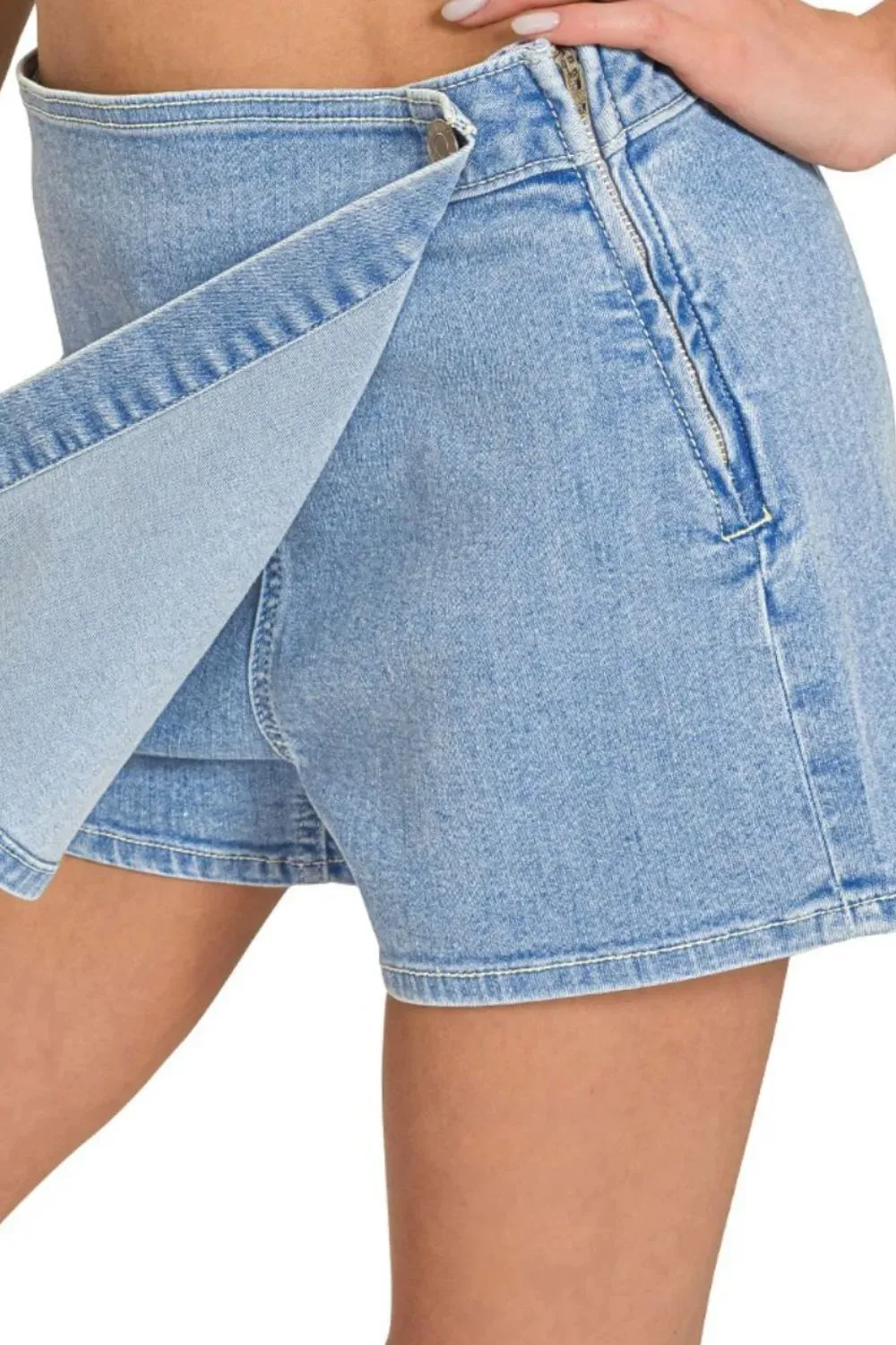 Zenana Wrap Front Skort Denim Shorts sold by The Dogwood Boutique product image thumbnail 3