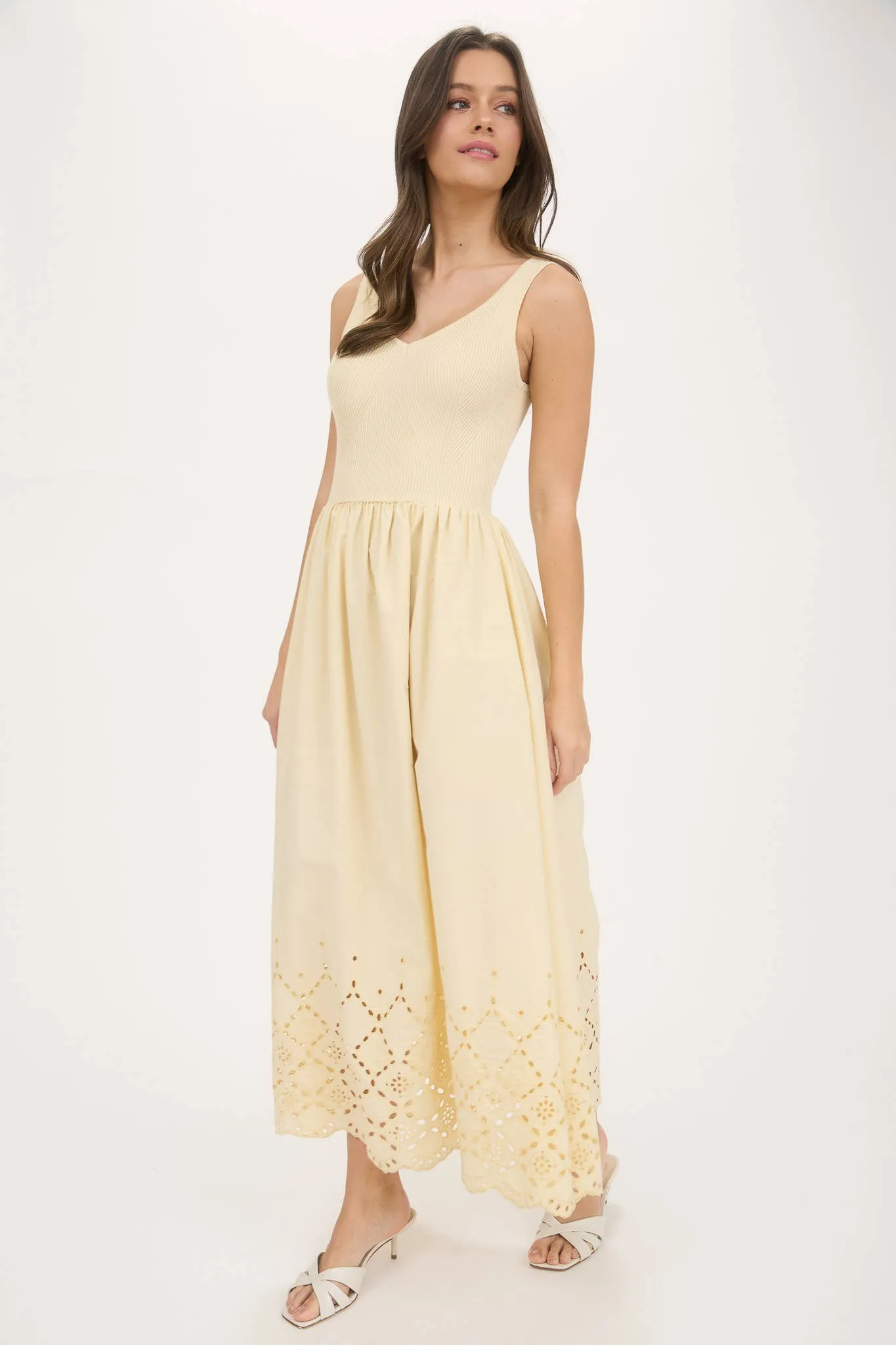 Pale Yellow Eyelet Hem Detail Mix Media Midi Dress sold by The Dogwood Boutique product image thumbnail 3
