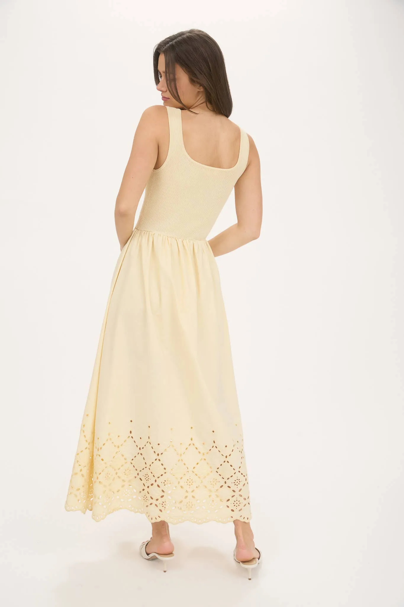 Pale Yellow Eyelet Hem Detail Mix Media Midi Dress sold by The Dogwood Boutique product image thumbnail 2