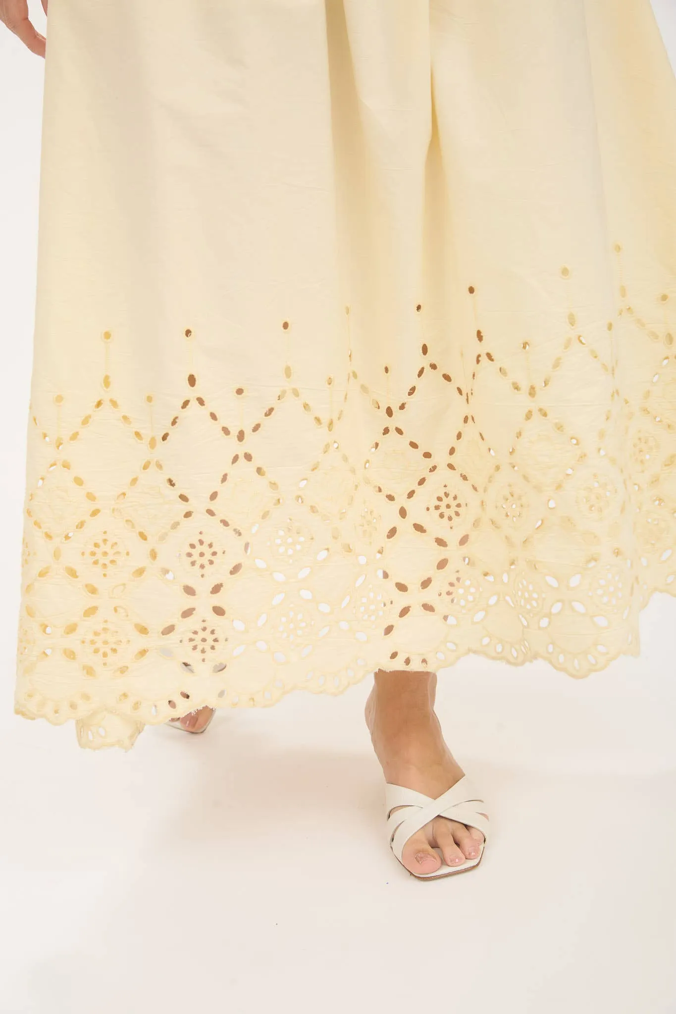 Pale Yellow Eyelet Hem Detail Mix Media Midi Dress sold by The Dogwood Boutique product image thumbnail 4