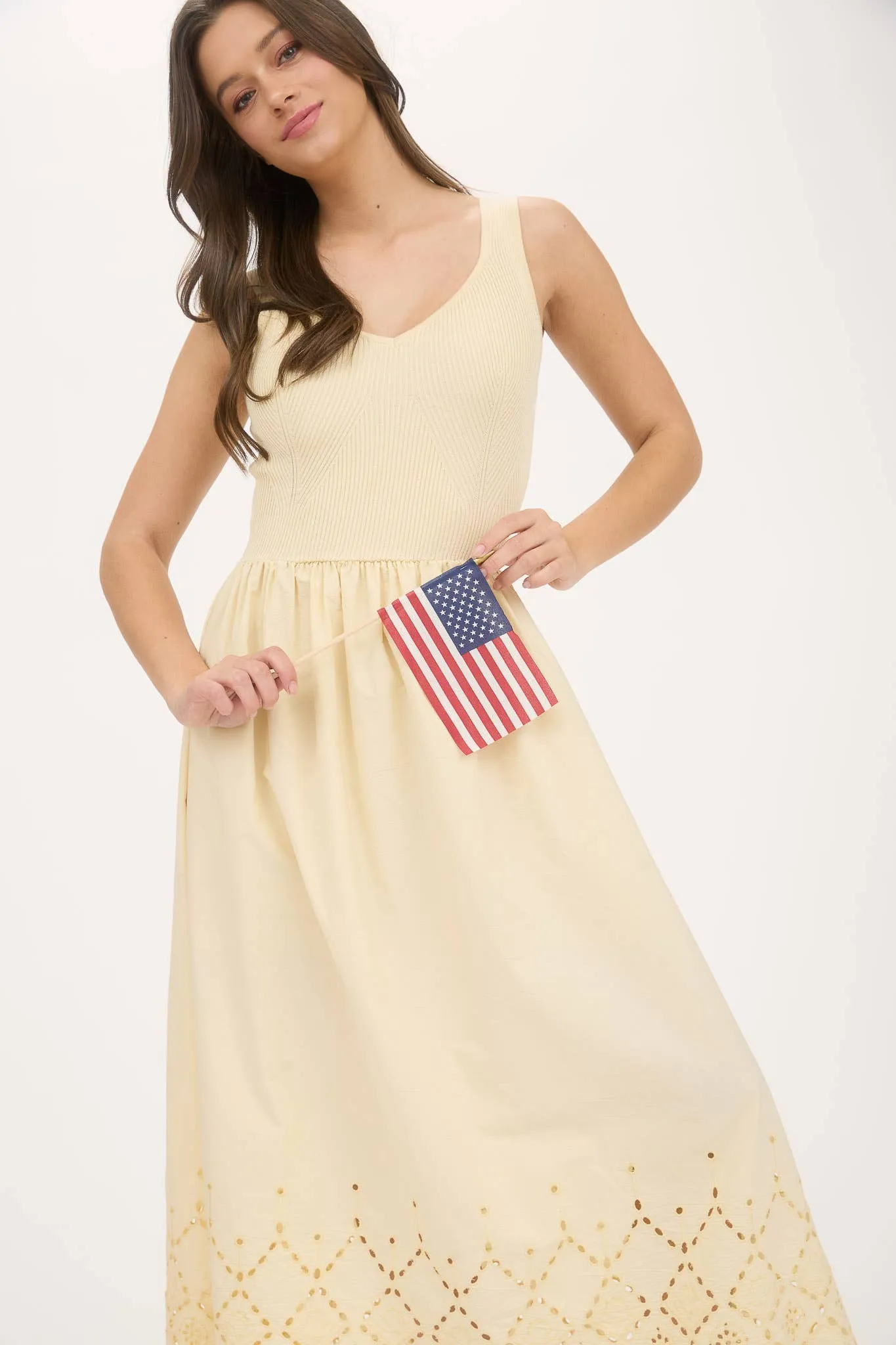 Pale Yellow Eyelet Hem Detail Mix Media Midi Dress sold by The Dogwood Boutique