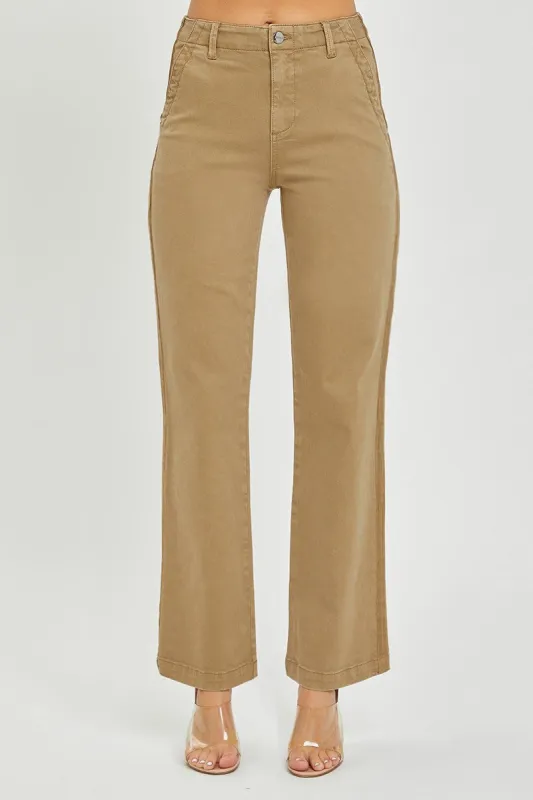 Risen Sand High Rise Side Twill Tape Detail Straight Pants sold by The Dogwood Boutique