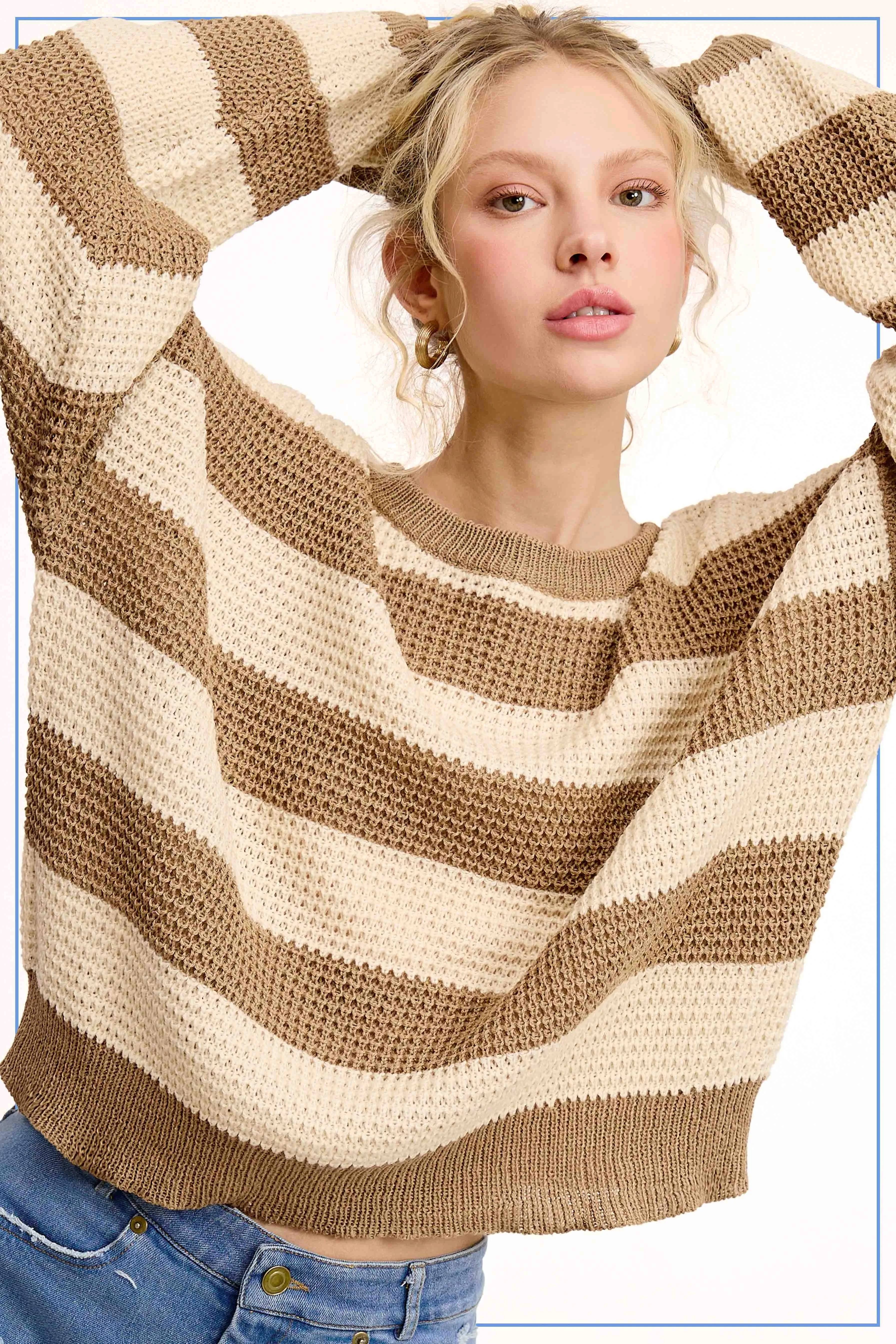 Super Soft Striped Round Neck Loose Fit Sweater sold by The Dogwood Boutique